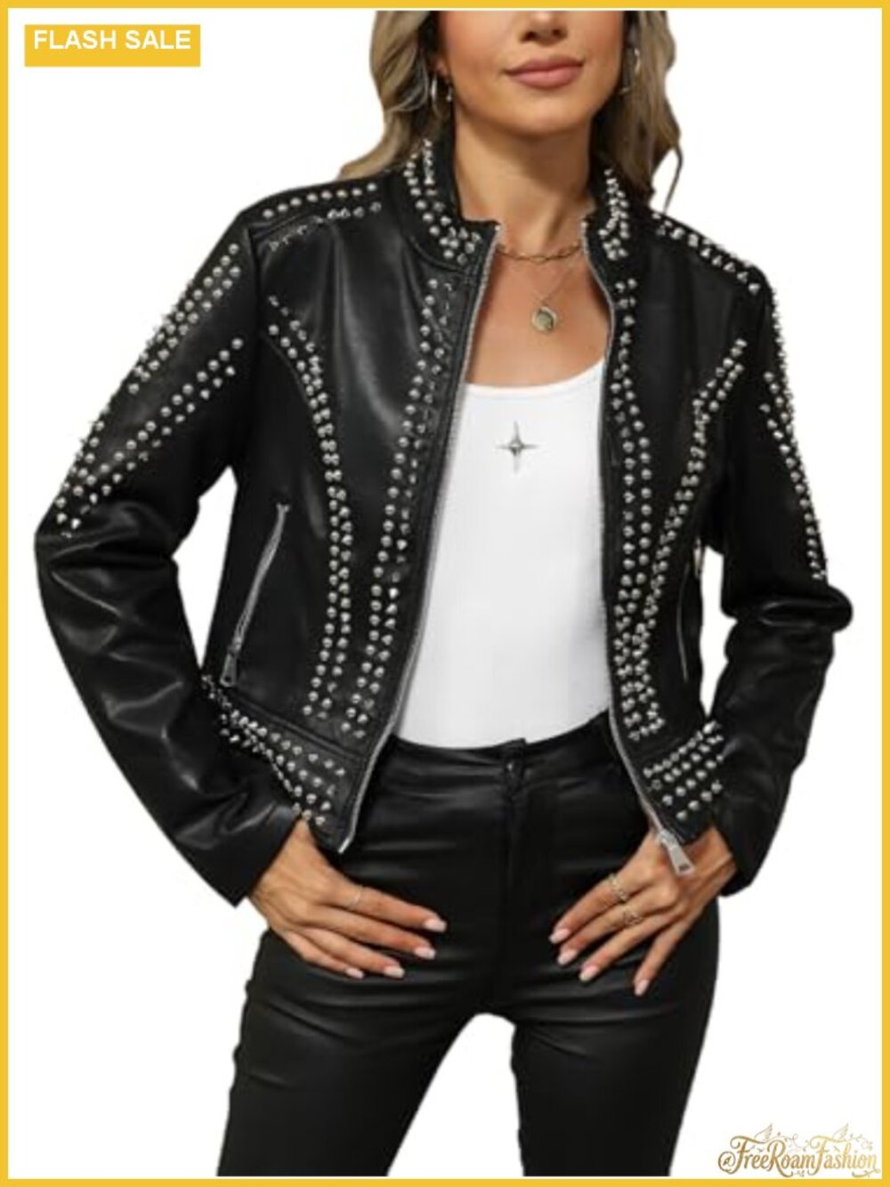 Women's Faux Leather Moto Studded Rivet Casual Jacket